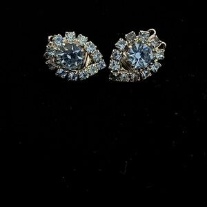 Vintage Signed Judy Lee Blue Rhinestone Clip Earrings